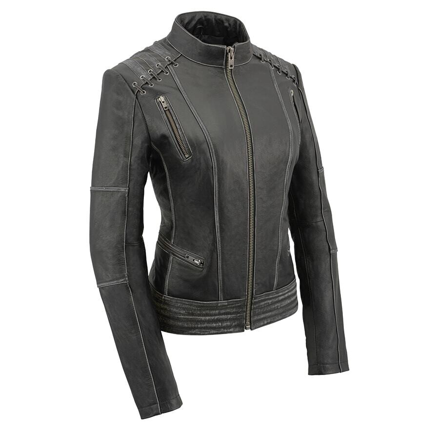 Women Distressed Black Leather Jacket with Lace & Star Accents