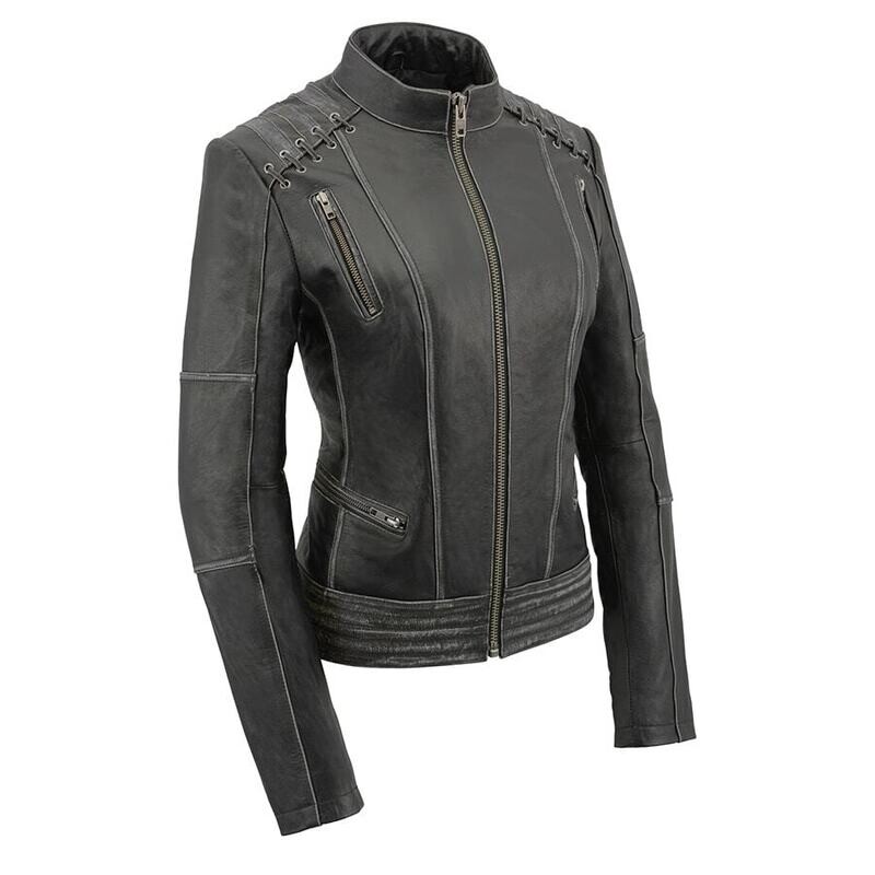 Women Distressed Black Leather Jacket with Lace & Star Accents