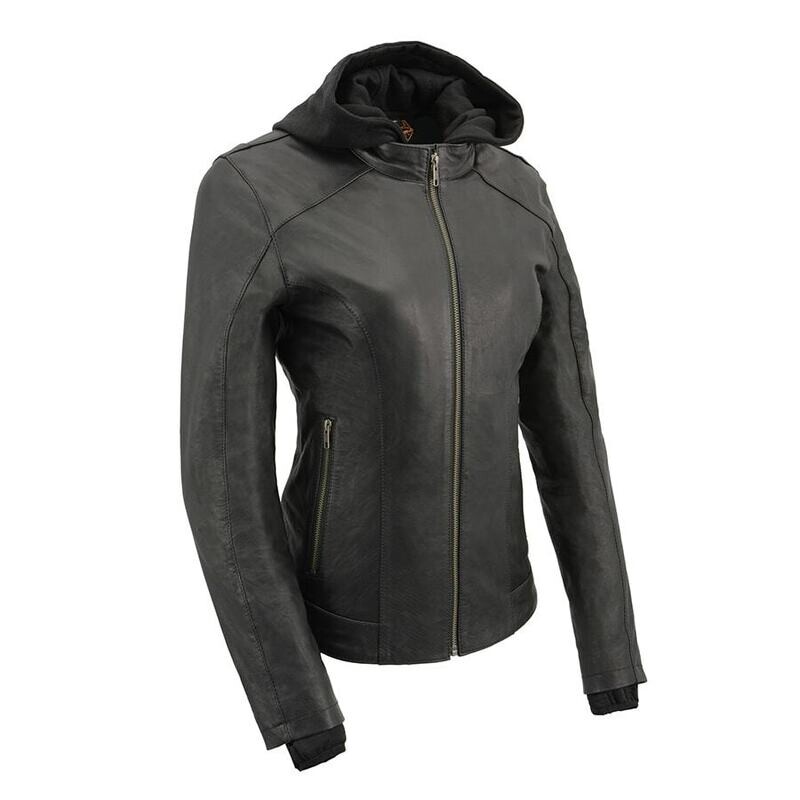 Women Lightweight Black Leather Jacket with Full Sleeve Removable Hoodie
Brand : Milwaukee Leather