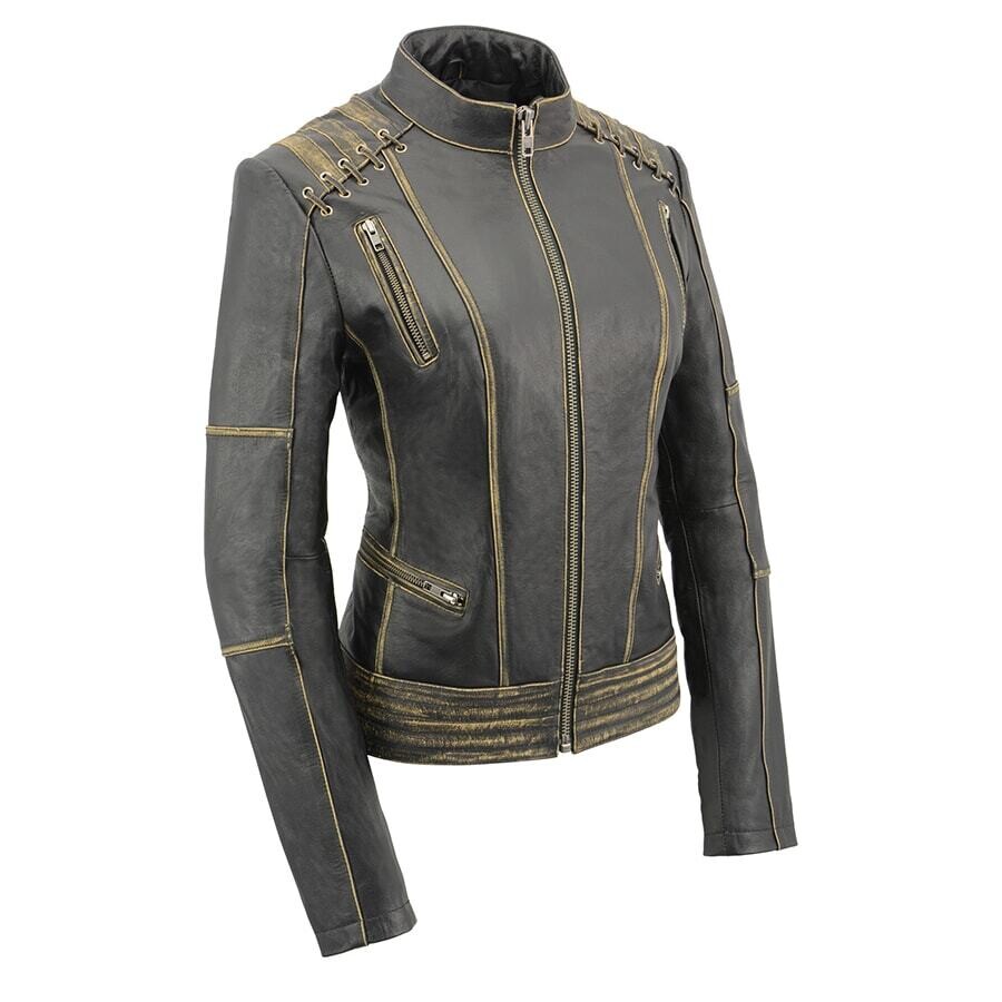 Women Distressed Brown Leather Jacket with Lace & Star Accents
Brand : Milwaukee Leather