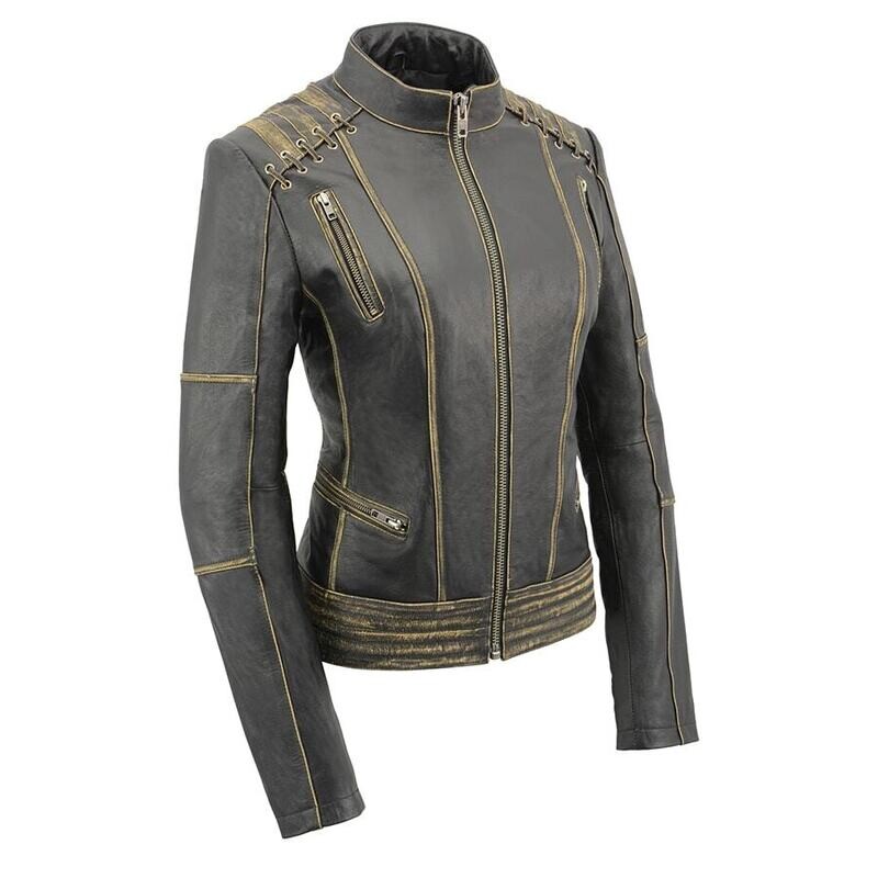 Women Distressed Brown Leather Jacket with Lace & Star Accents
Brand : Milwaukee Leather