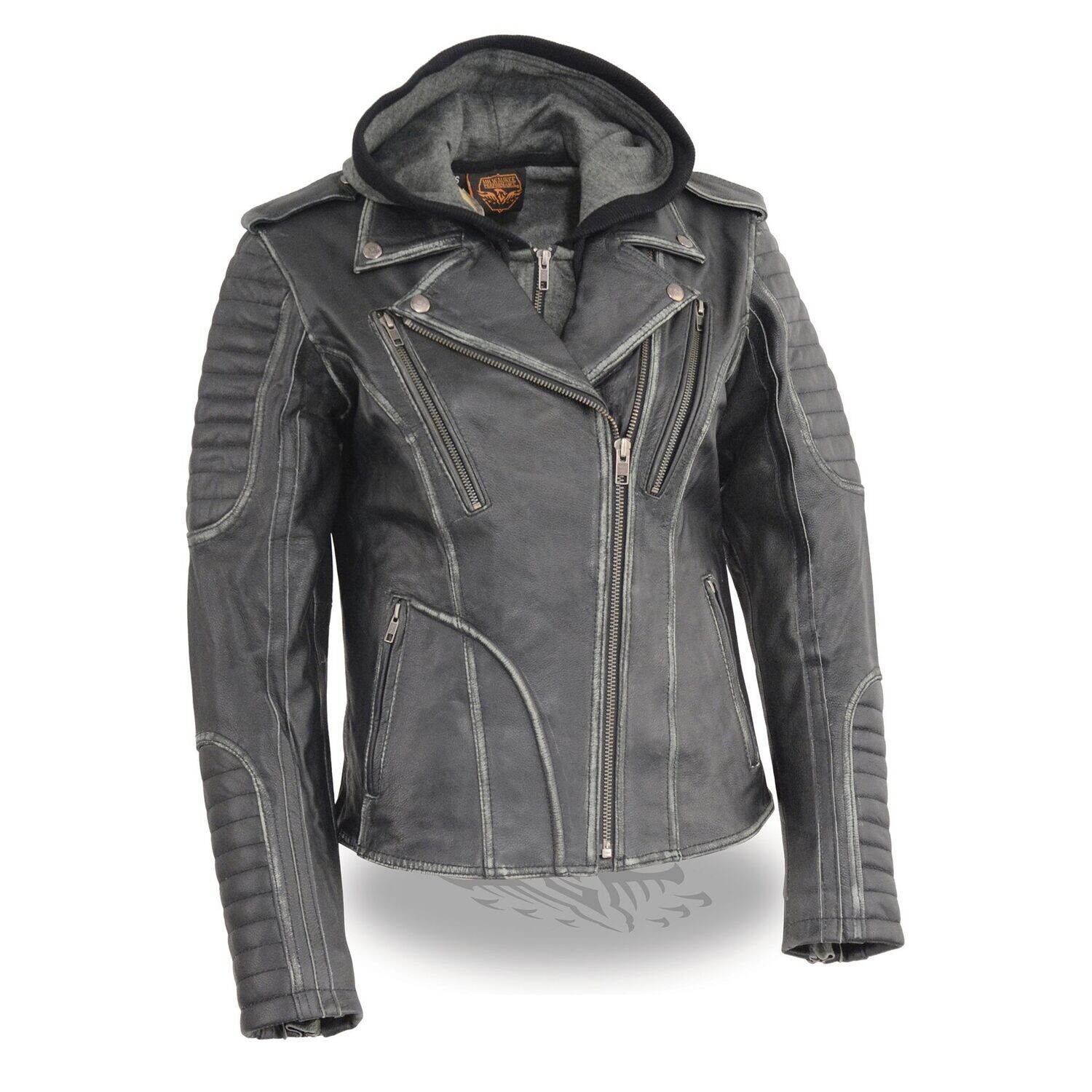 Women’s Rub-off M/C Jacket w/ Full Hoodie Jacket Liner
Brand : Milwaukee Leather