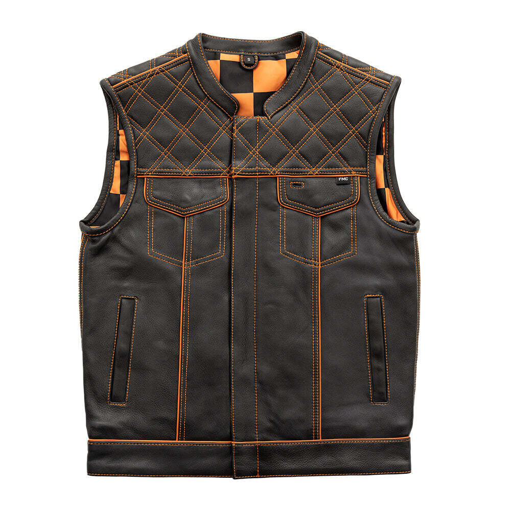 Orange Checker - Men's Motorcycle Leather Vest