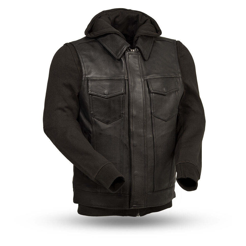 Kent Motorcycle Leather Vest Black Hoodie