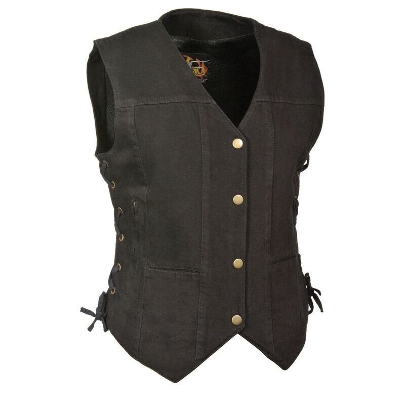 MILWAUKEE LEATHER MDL4020 WOMEN'S CLASSIC BLACK ‘6 POCKET’ SIDE LACE DENIM VEST