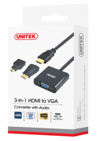 UNITEK HDMI TO VGA CONVERTER WITH MINI AND MICRO HDMI ADAPTER