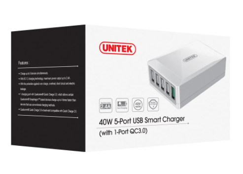 UNITEK 40W 5-PORT USB BC1.2 SMART CHARGER WITH 1-PORT QC3.0
