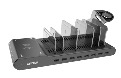 UNITEK 96W 8-PORT USB SMART CHARGING STATION WITH QI WIRELESS CHARGER (Y-2192A)