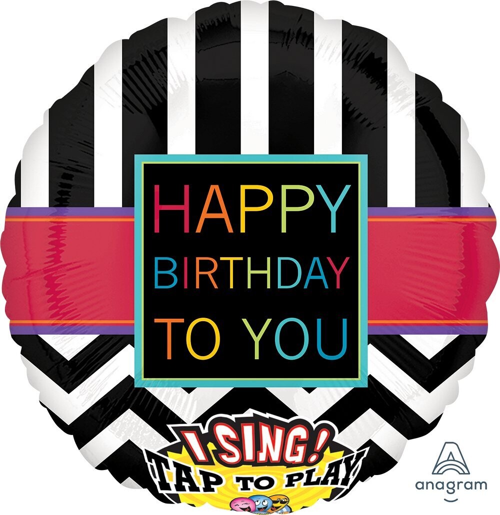 Folienballon XXL singend "Happy Birthday Chevron" - 71 cm - gefüllt