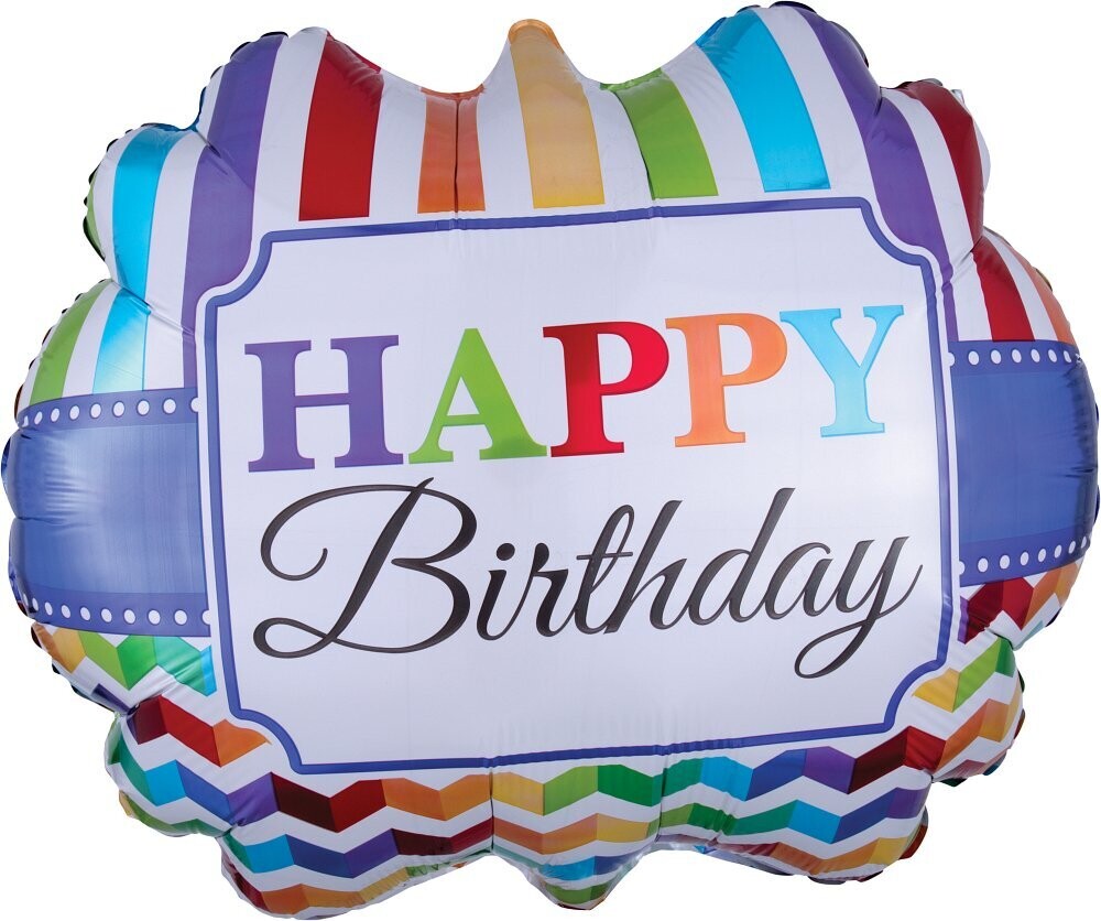 Folienballon XL "Happy Birthday bright stripe & chevron" - 63 cm x 55 cm - gefüllt