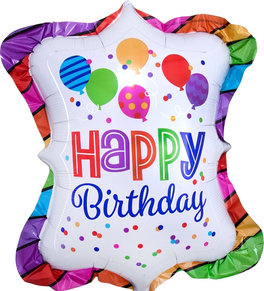 Folienballon XXL "Happy Birthday Bright Striped Rufle" - 60 cm x 68 cm - gefüllt