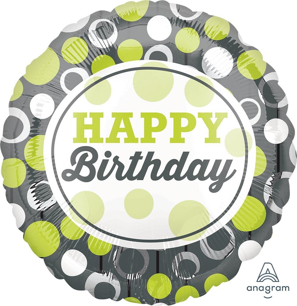 Folienballon "Happy Birthday Green & Silver Circles" - 43 cm - gefüllt