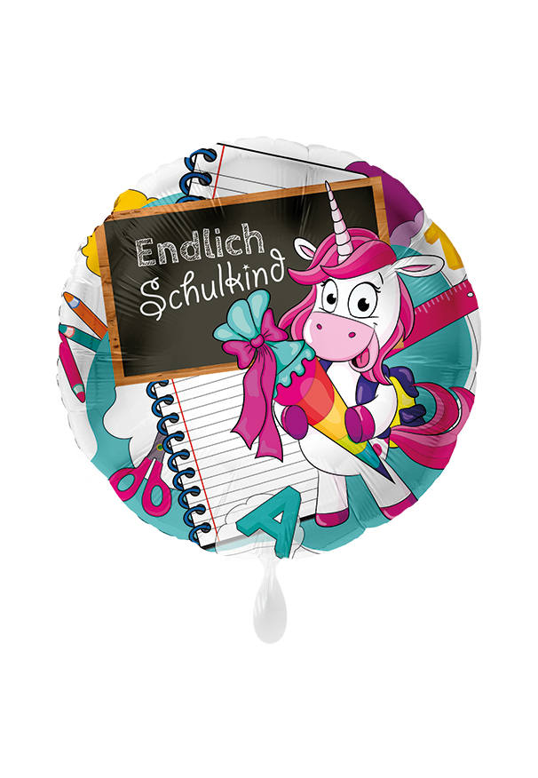 Folienballon "Endlich Schulkind Einhorn" - 45 cm - gefüllt
