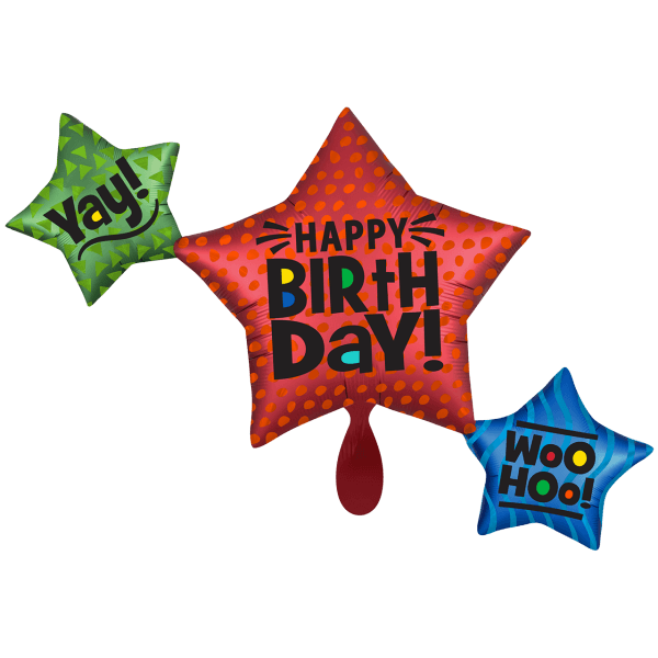 Folienballon XXL "Happy Birthday Satin Star Trio" - 99 cm - gefüllt