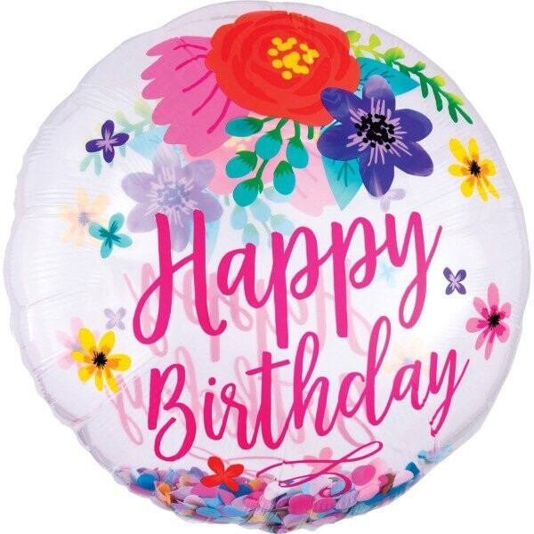 Folienballon XXL "Happy Birthday Clear with Confetti" - 71 cm - gefüllt