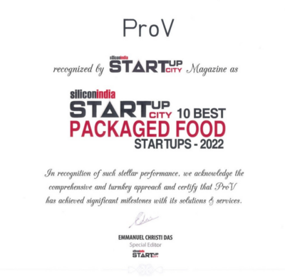 Achievements: ProV among the top 10 Packaged Foods Startups 2022 by Silicon Indian Startup City
