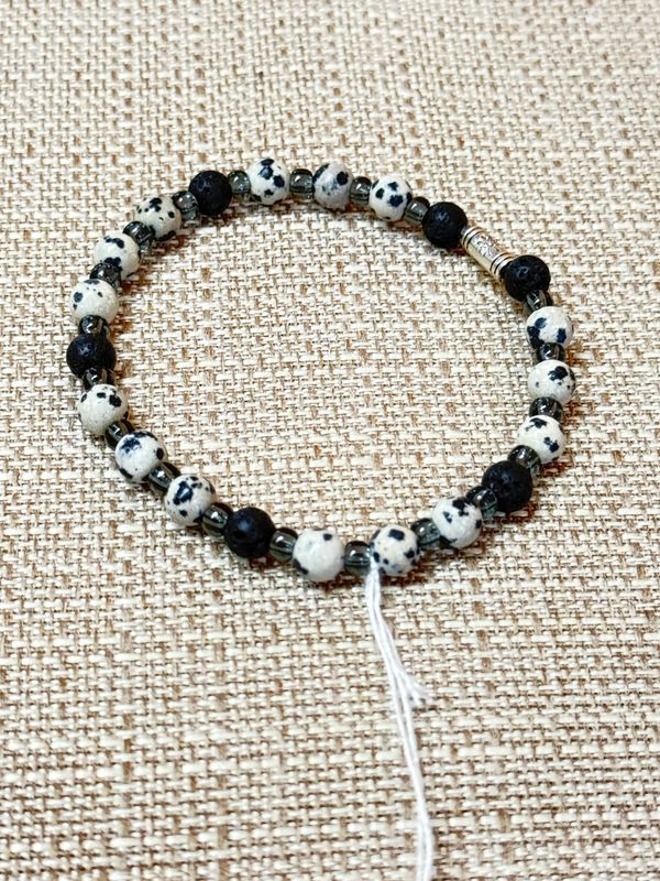 Dalmation Stone and Lavastone Mala Bracelet