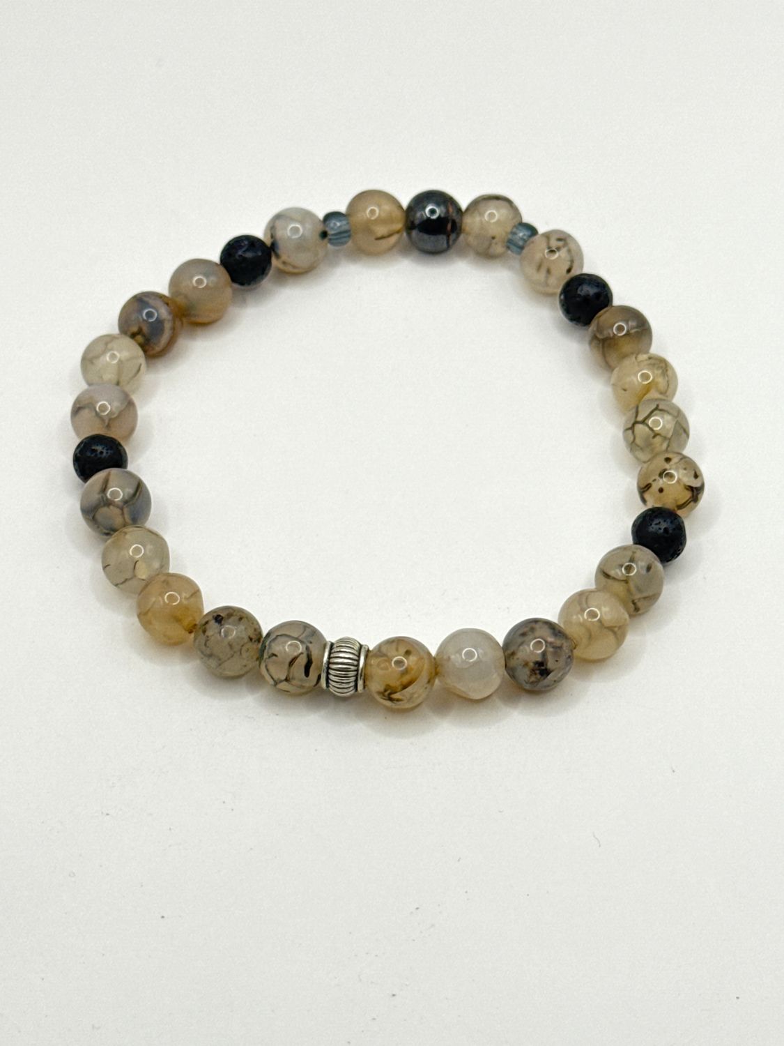 Rutilated Quartz, Lava Stone, and Hematite Mala Bracelet