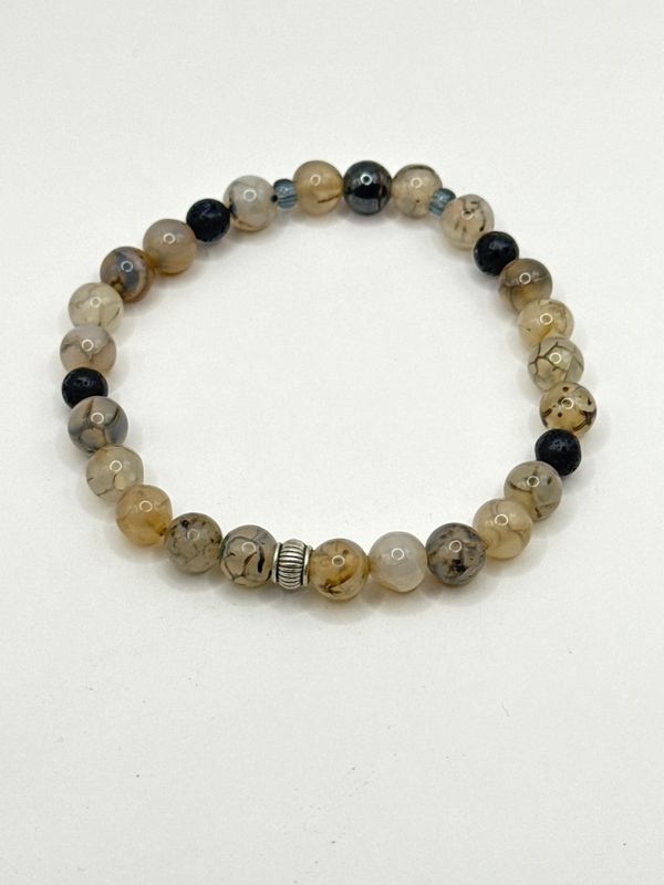 Rutilated Quartz, Lava Stone, and Hematite Mala Bracelet