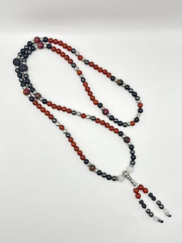 Carnelian, Opalite, Hematite, Lavastone, White Jade, Obsidian, Rainbow Tiger&#39;s Eye Mala with dbl beaded tassel