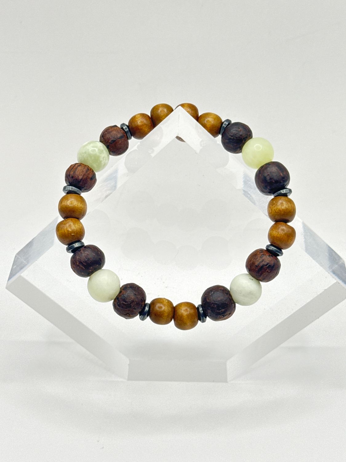 Wood Bead, Coconut Bead, Amazonite, White Jade, Hematite Mala Bracelet