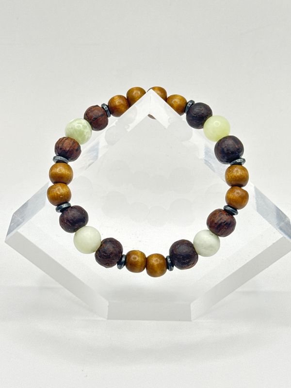 Wood Bead, Coconut Bead, Amazonite, White Jade, Hematite Mala Bracelet