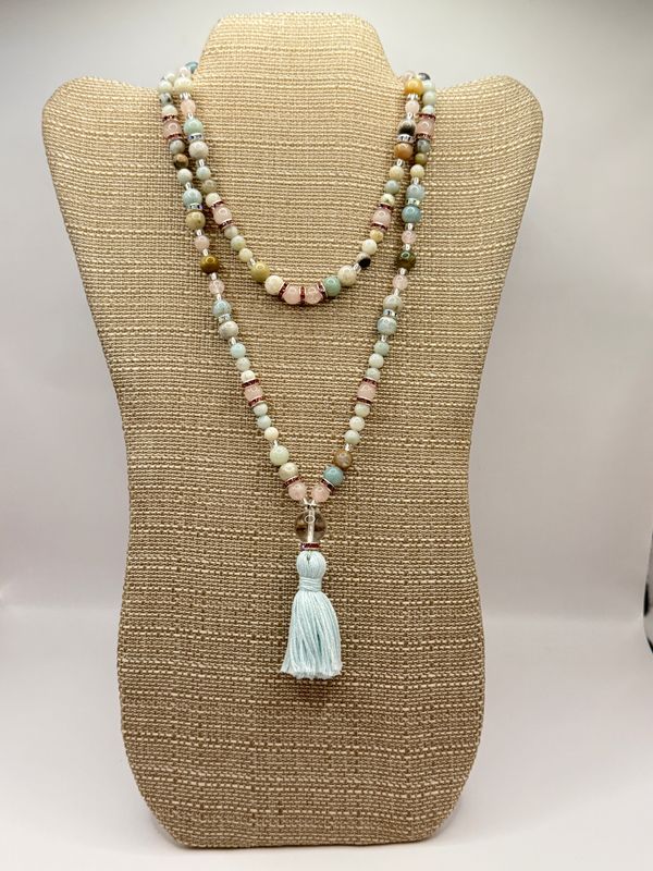 Rose Quartz, Amazonite, Howlite Mala with light blue tassel