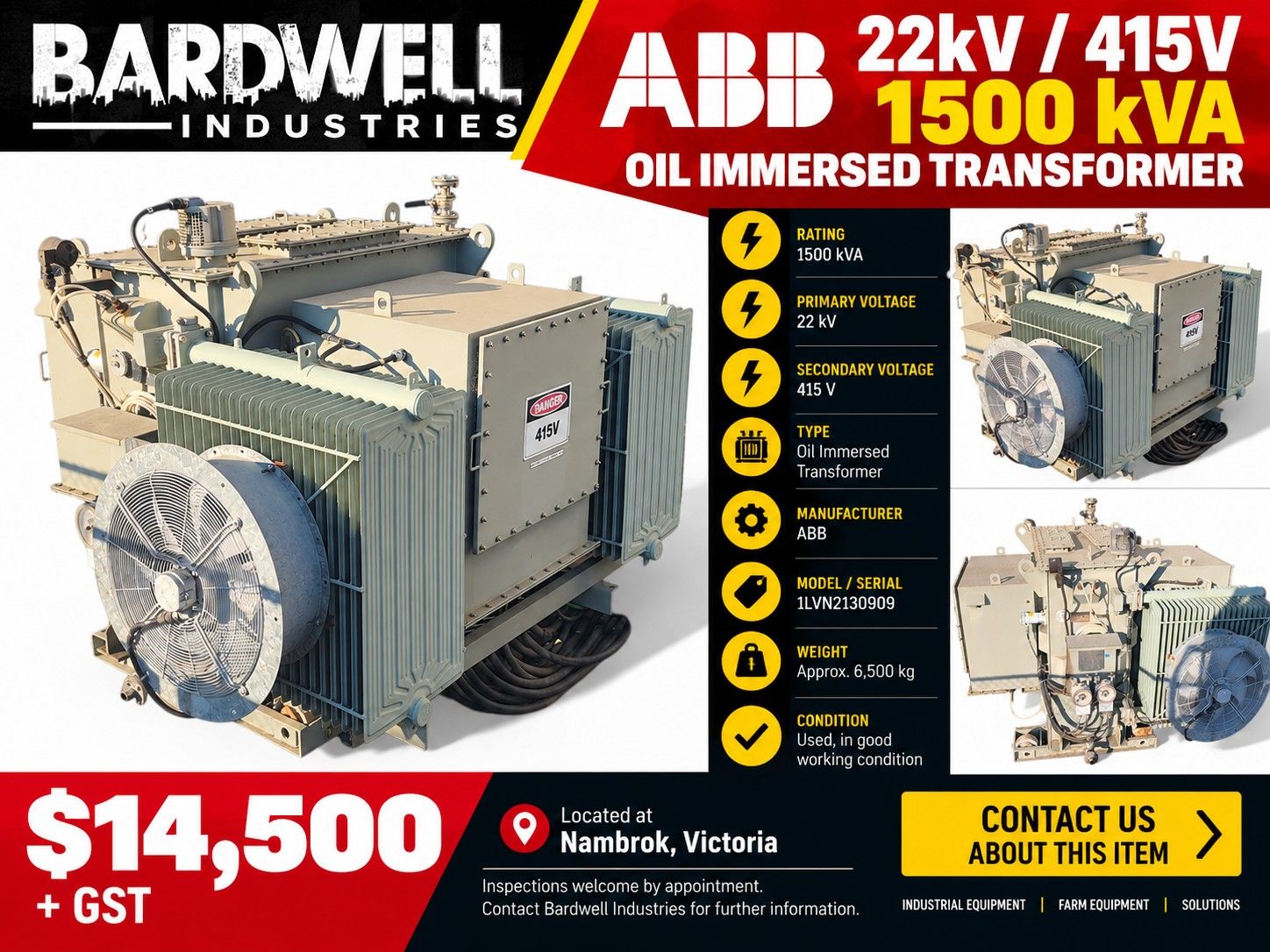 ABB 22kV>415V 1500 kVA Oil-Immersed Transformer 1LVN2130909