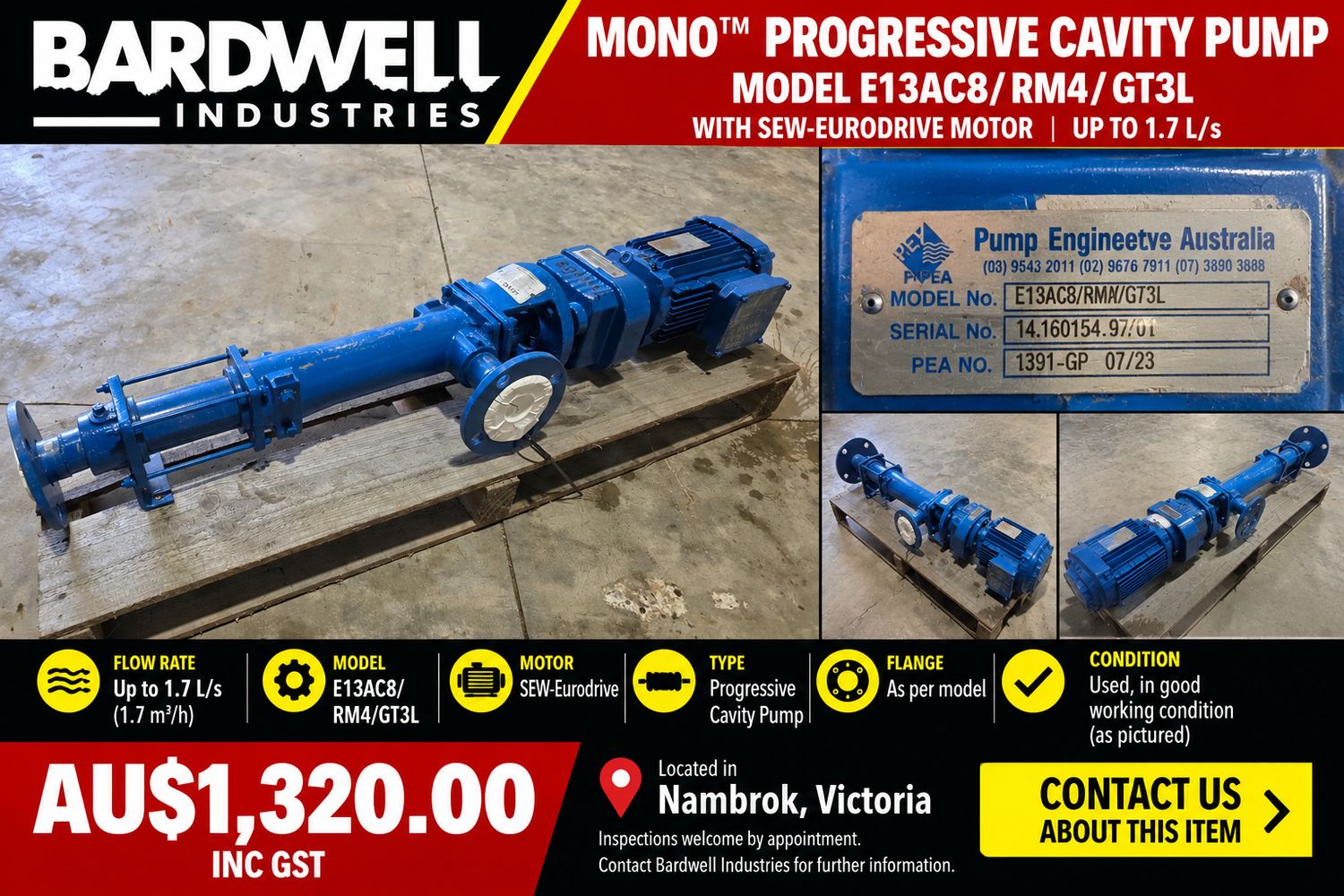 Mono™ Progressive Cavity Pump – Model E13AC81RM4/GT3L – with SEW-Eurodrive Motor - up to 1.7 L/s