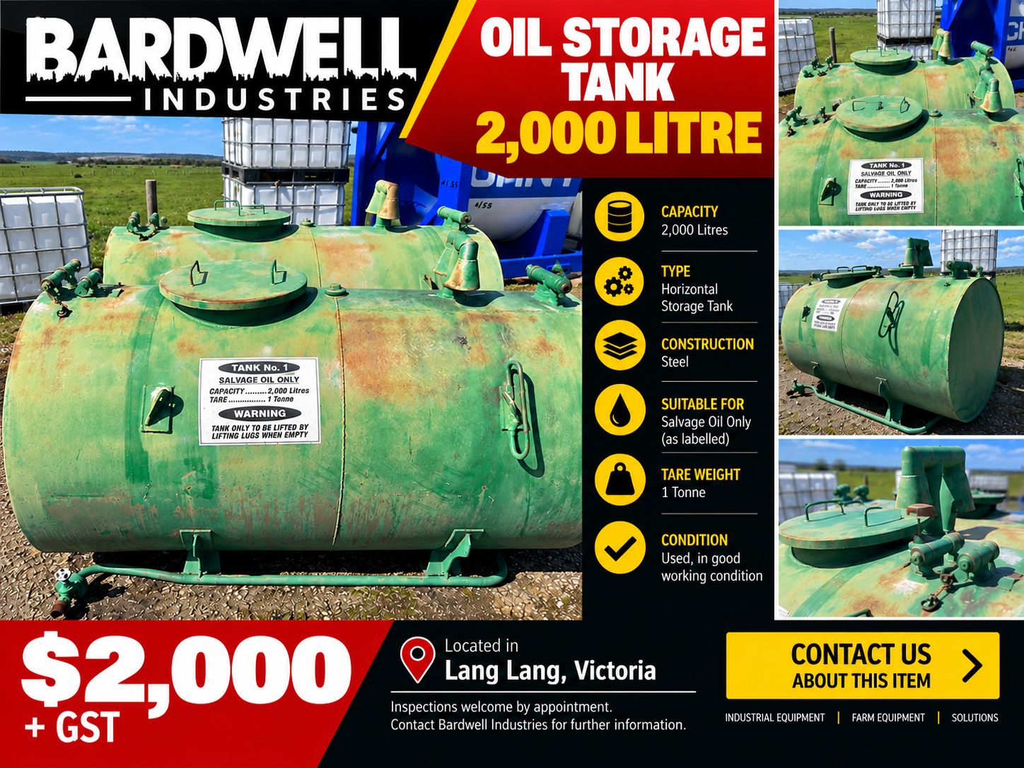 2,000 Litre Steel Oil Storage Tank