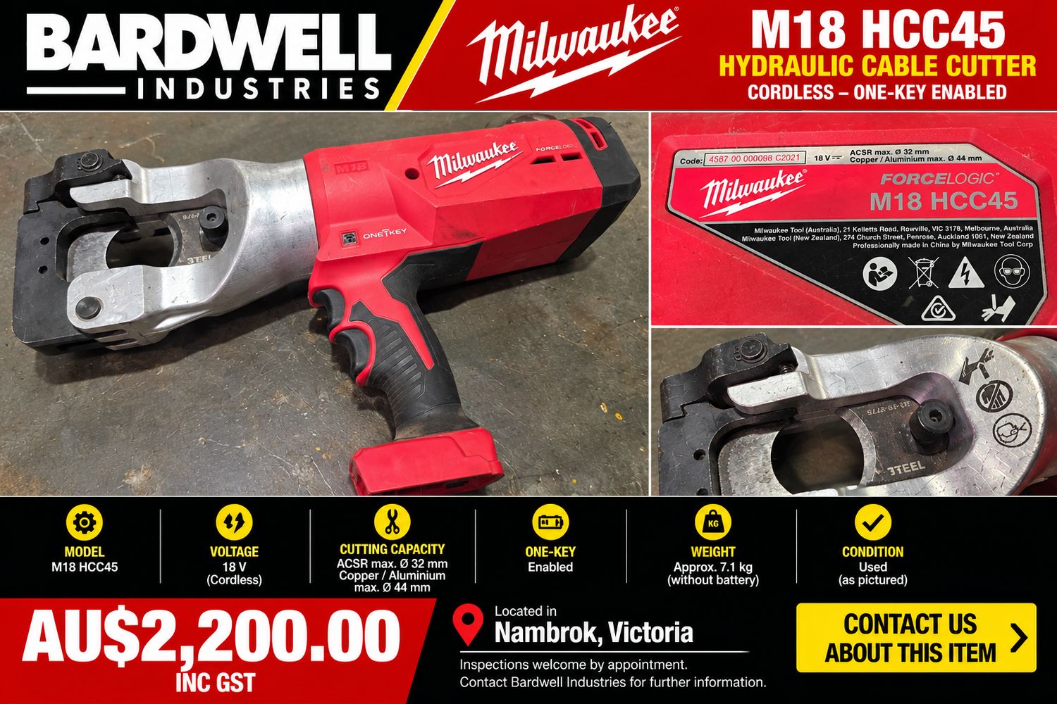 Milwaukee M18 HCC45 FORCE LOGIC Hydraulic Cable Cutter (Tool Only)