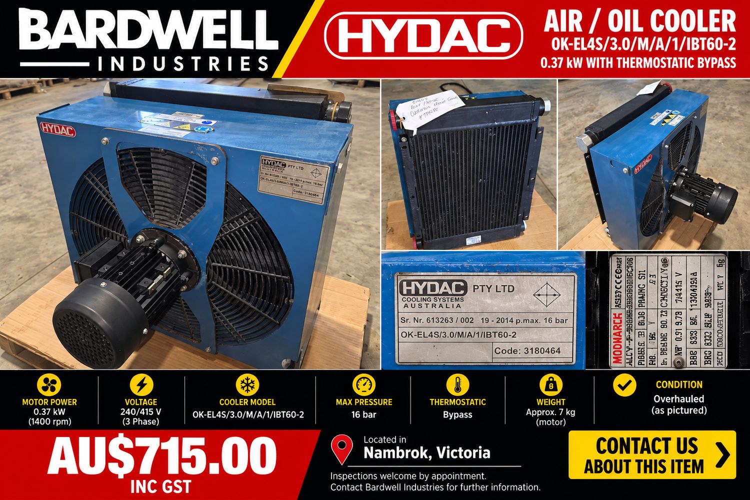 HYDAC OK-EL4S Air/Oil Cooler 0.37 kW with Thermostatic Bypass – Overhauled