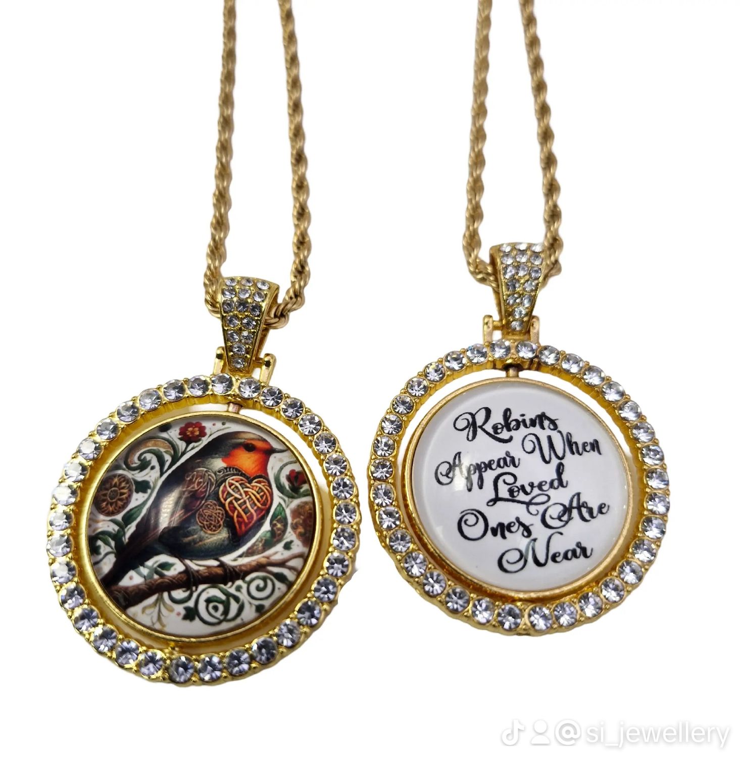 Celtic Robin Rhinestone Rotation Pendant Gold