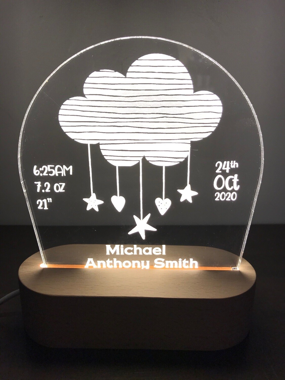 LED Cloud Lamp with Name, Date, Time, Weight, Height
