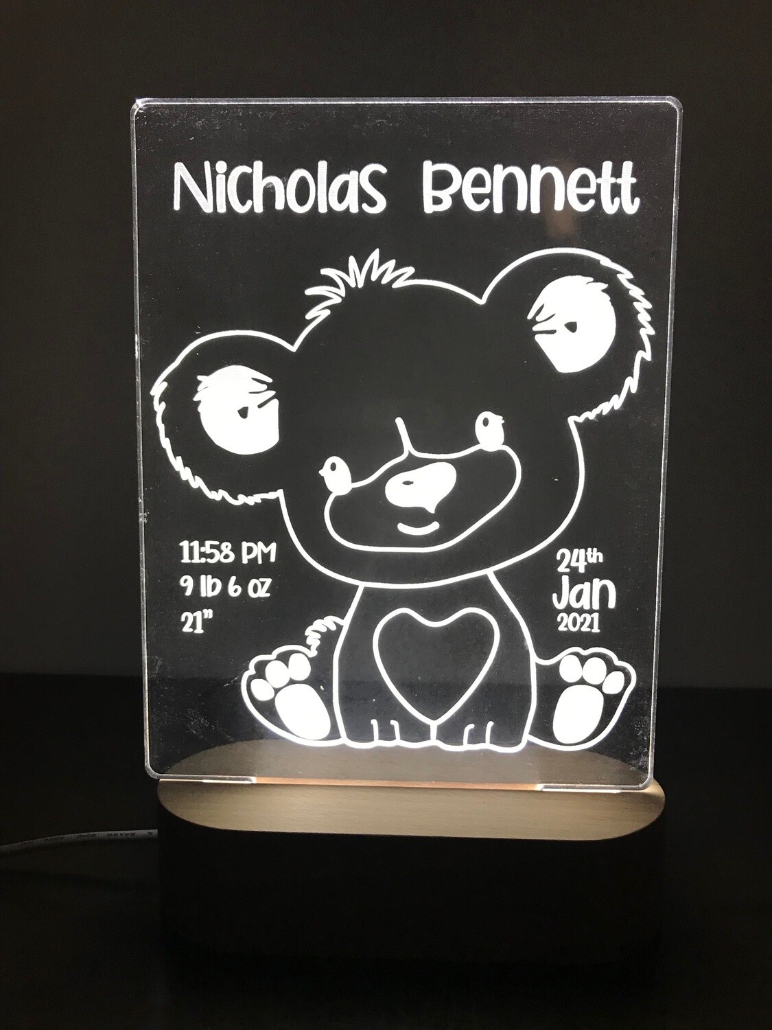 LED Cute Teddy Lamp with Name, Date, Time, Weight, Height