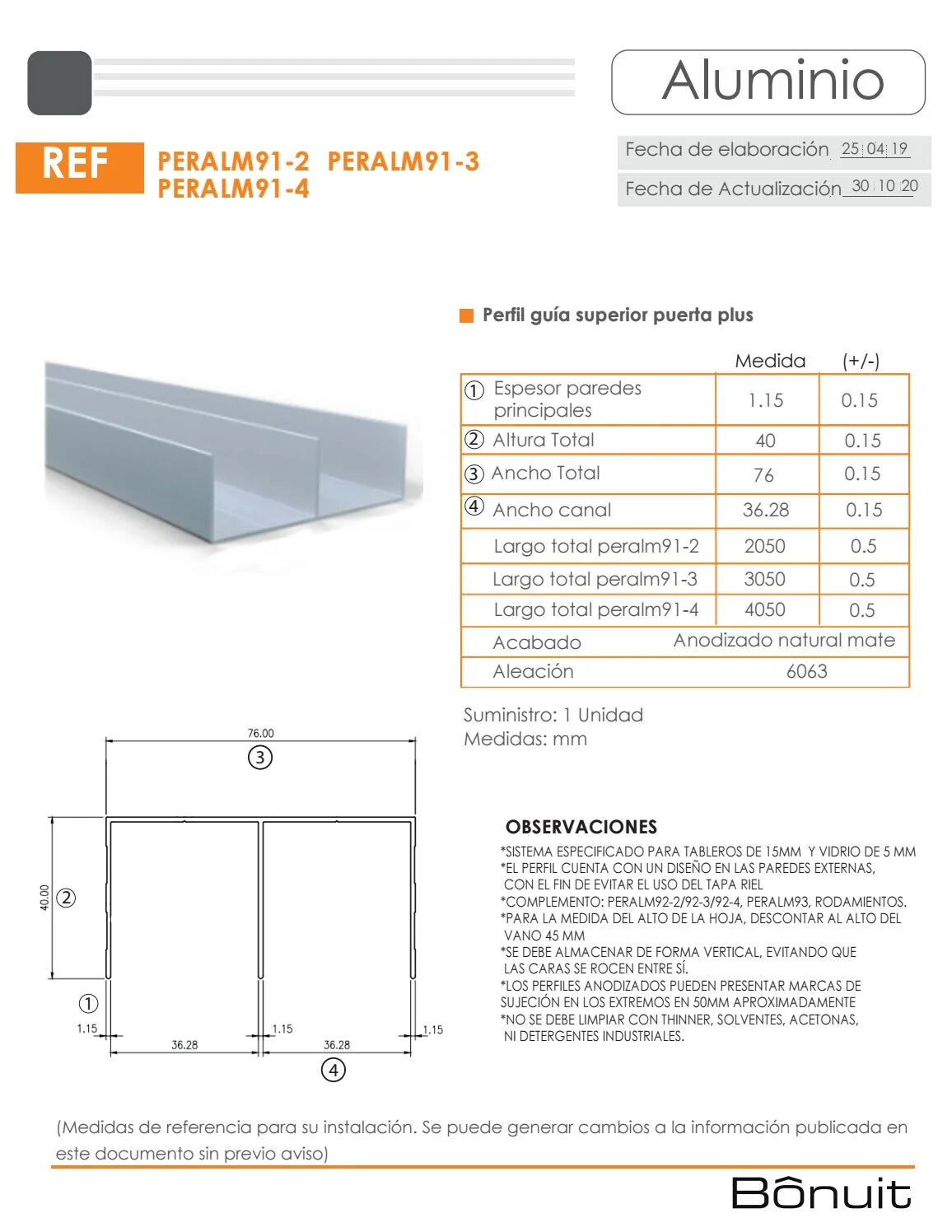 PERFIL GUÍA SUPERIOR PUERTA PLUS