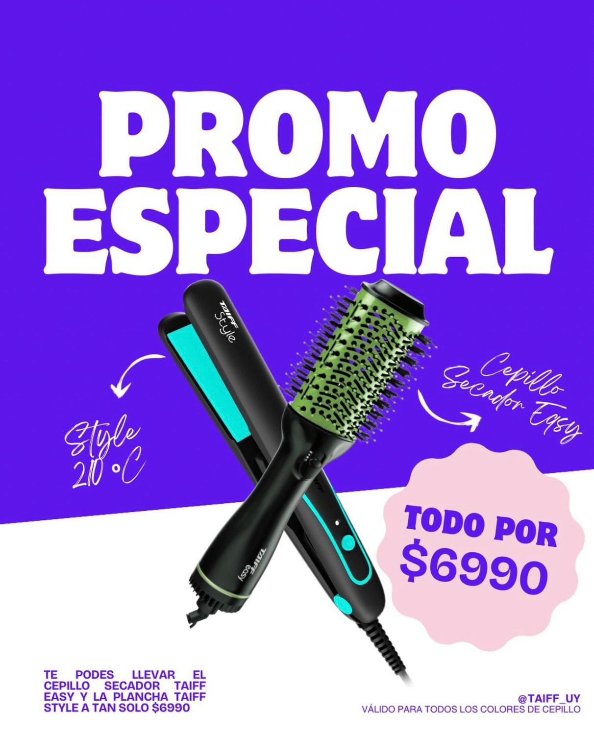 OFERTA Plancha Style Celeste/Negra + Cepillo Secador Easy Verde/Lila/Rosa