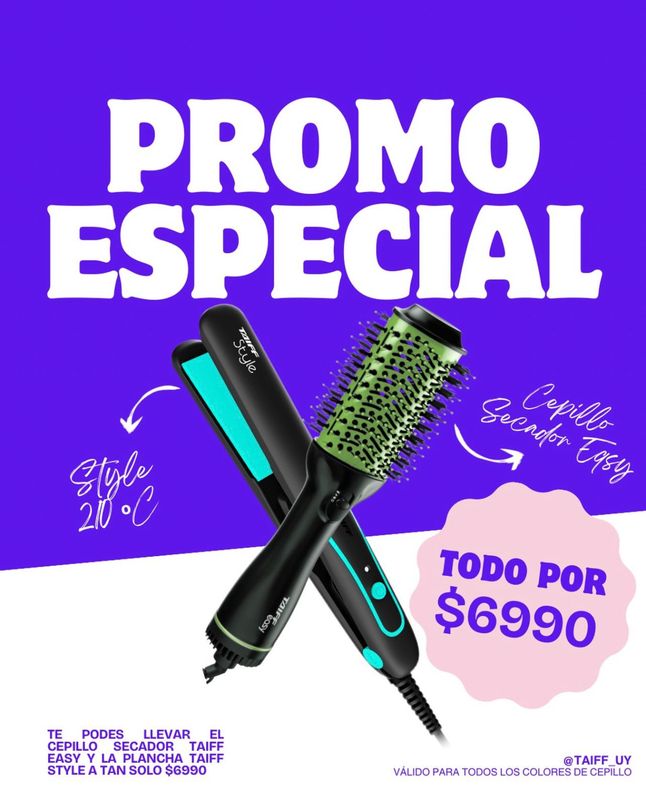 OFERTA Plancha Style Celeste/Negra + Cepillo Secador Easy Verde/Lila/Rosa