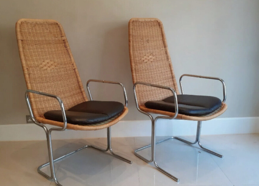 Original vintage Pieff high backed cane chairs with leather seat pads