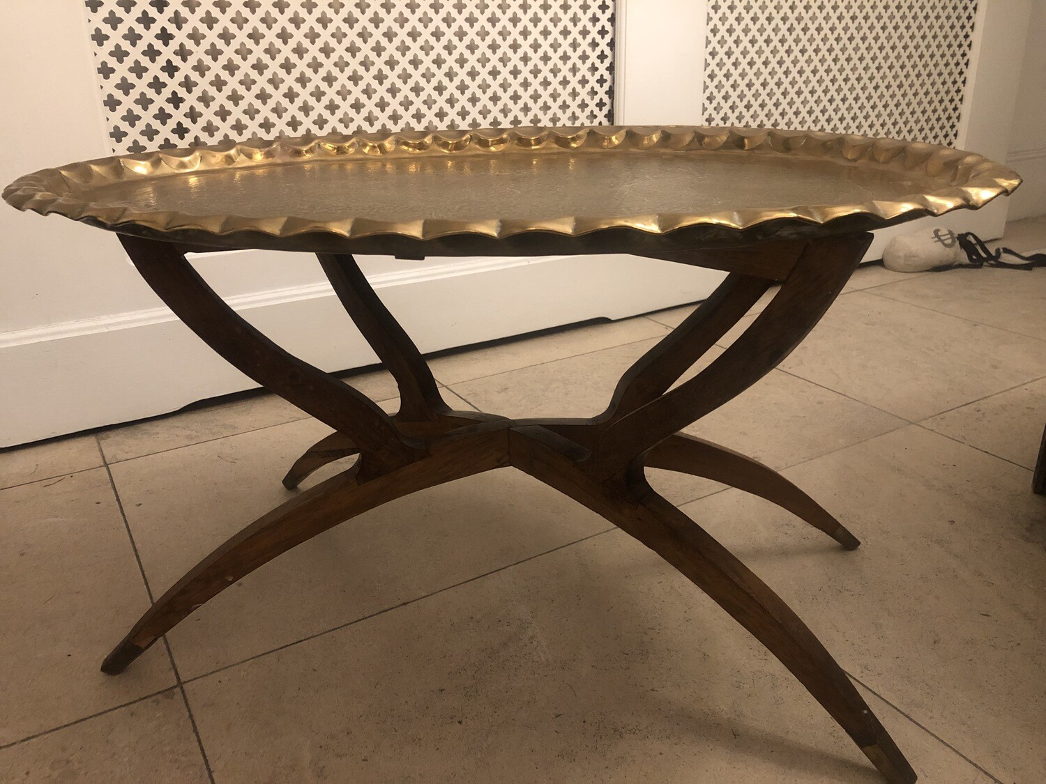 Moroccan mid century oval brass tray table with spider leg base
