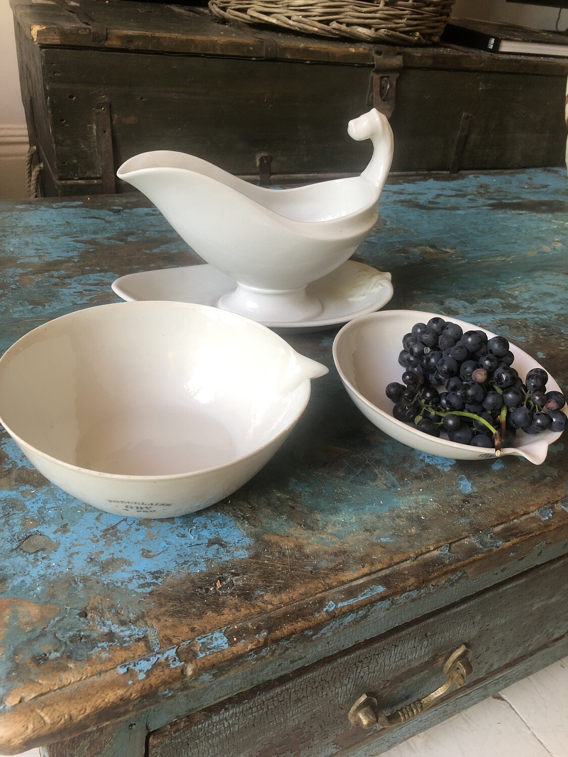 1900 French sauceboat and 2 x 50's french white porcelein bowls