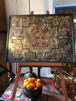 1930's Spanish Framed Leather Wall Panel hand painted Gilt