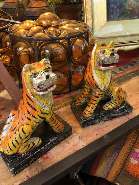 Vintage painted wooden Bengal tigers from Rajasthan