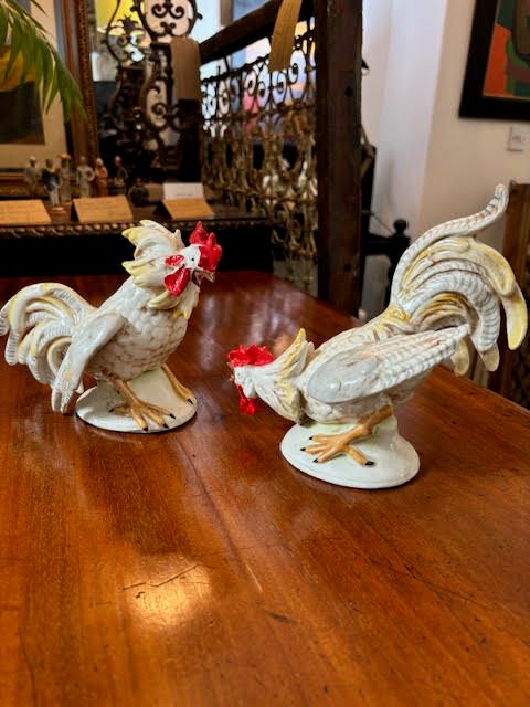 A pair of vintage German porcelain cockerels