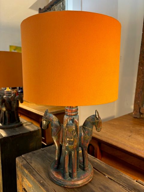 Vintage wooden Kashmiri 4 horse table lamp