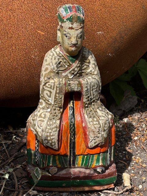Antique Chinese polychrome carved wood shrine figure original paint (2)