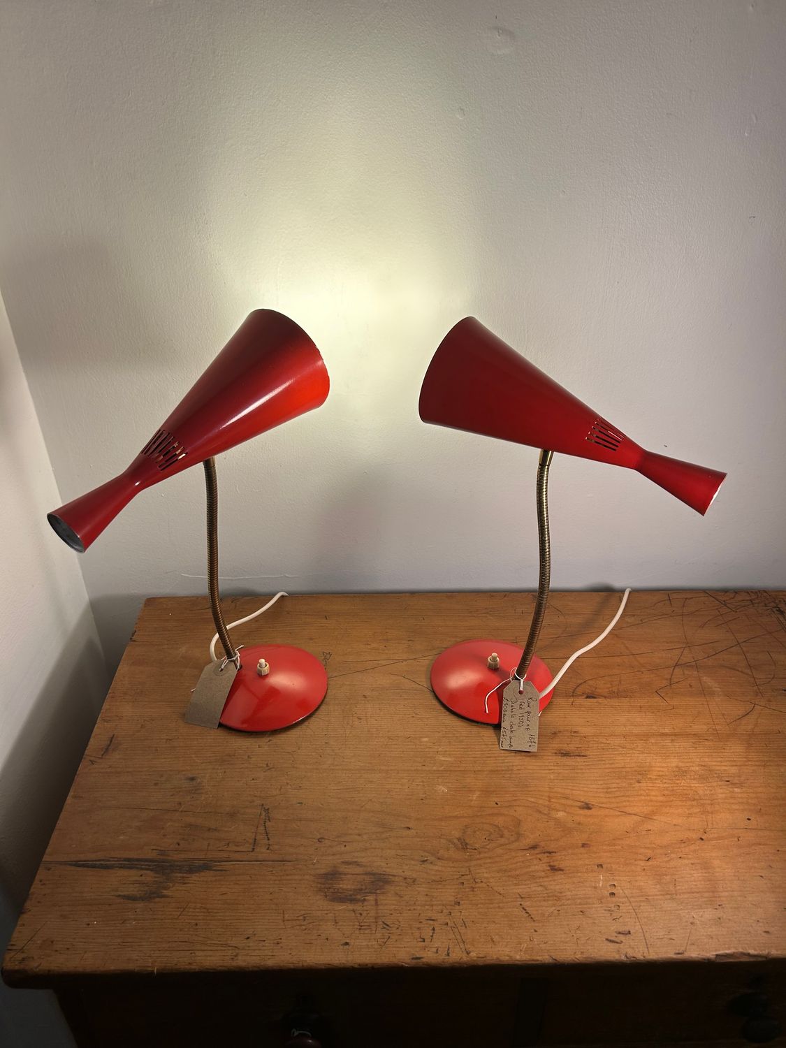 rare pair of red gooseneck lamps by G A Scott 1950&#39;s
