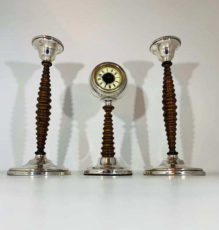 Solid Silver & Turned Walnut Mantel Clock & Candlesticks (Chester 1927)