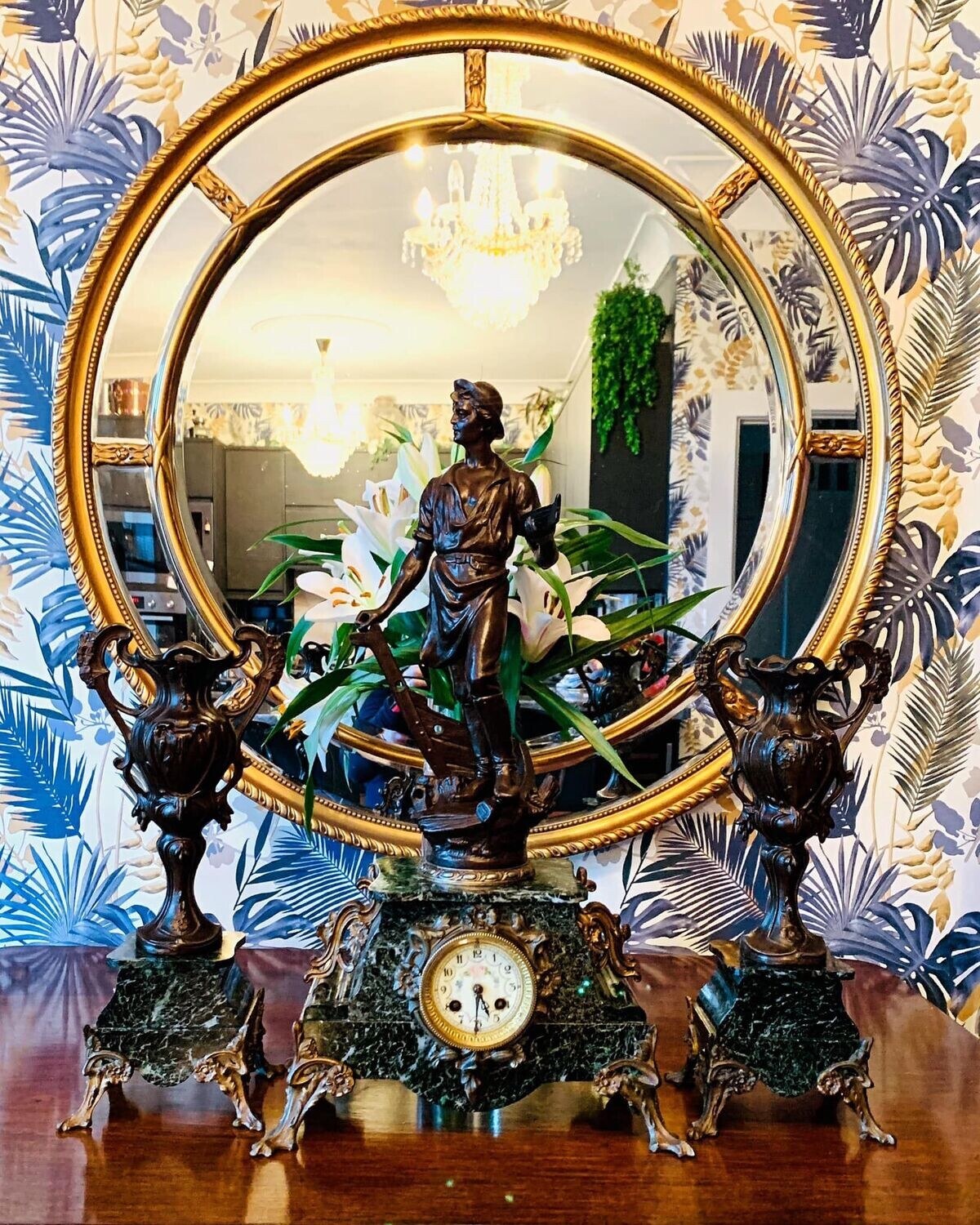 Stunning Art Nouveau French Marble Mantel Clock with Shipwright Statue & Garniture’s (c.1885)