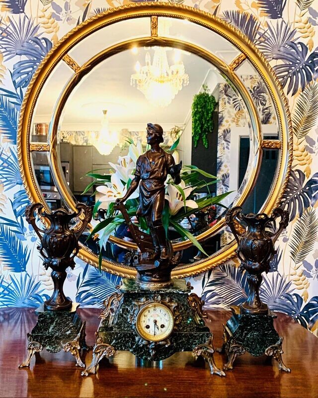 Stunning Art Nouveau French Marble Mantel Clock with Shipwright Statue & Garniture’s (c.1885)